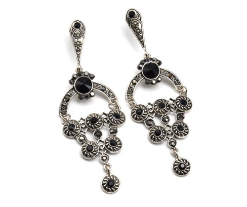 Boucles-dOreilles-Pendantes-Multi-Cercles-Metal-Vieilli-Argente-avec-Pierres-Noir-Gris