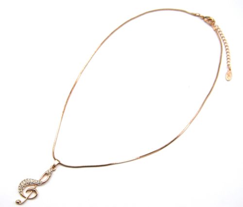 CC475 - Collier Pendentif Clé de Sol Métal Or Rose et Strass