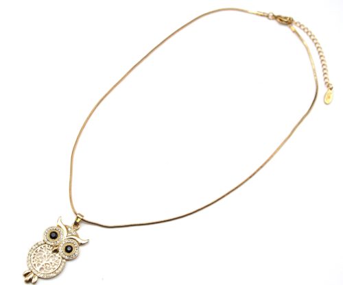 CC676 - Collier Pendentif Chouette Hibou Ajouré Métal Doré Contour Strass