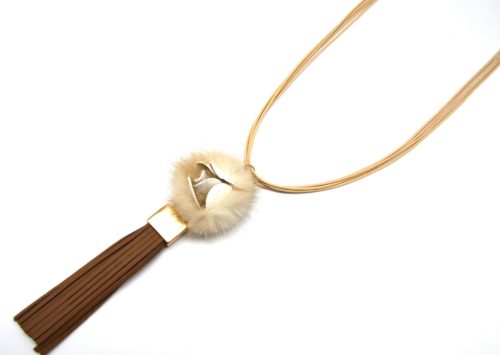 Sautoir-Collier-Cordons-Pendentif-Fleur-Pompon-Beige-et-Franges-Simili-Cuir