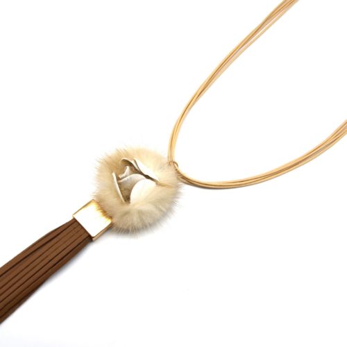 Sautoir-Collier-Cordons-Pendentif-Fleur-Pompon-Beige-et-Franges-Simili-Cuir