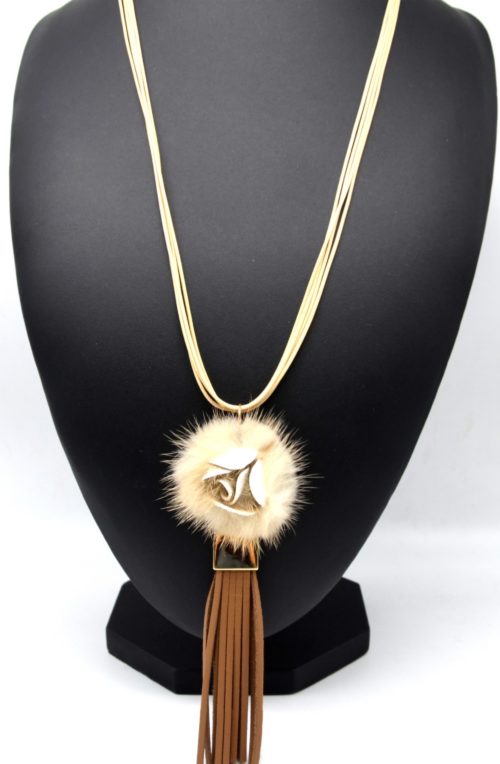 Sautoir-Collier-Cordons-Pendentif-Fleur-Pompon-Beige-et-Franges-Simili-Cuir