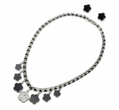 Parure-BOCollier-Pendentif-Trefles-5-Feuilles-Resine-Strass-NoirArgente