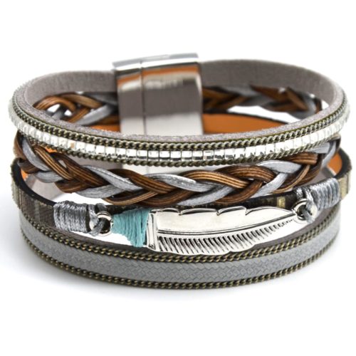 Bracelet-Manchette-Multi-Rangs-Cordon-Tresse-Pierres-avec-Charm-Plume-Metal-GrisArgente