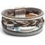 Bracelet-Manchette-Multi-Rangs-Cordon-Tresse-Pierres-avec-Charm-Plume-Metal-GrisArgente