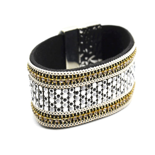 Bracelet-Manchette-Aimante-Style-Mosaique-Chaines-et-Strass-Noir