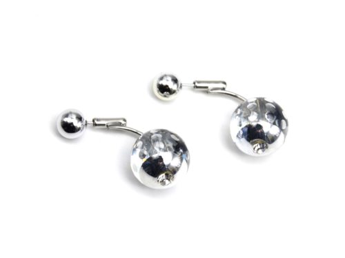 Boucles-dOreilles-Double-Petite-et-Grande-Boule-Metallisee-Argente-avec-Motif-Pois