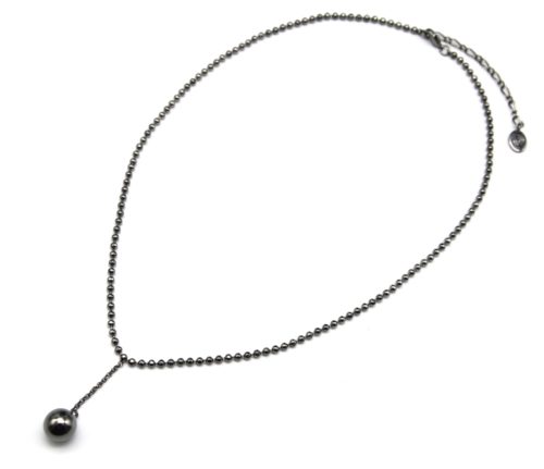 Collier-Chaine-Billes-Pendentif-Boule-Metal-Gris