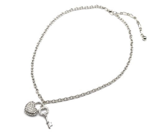 CC1179E - Collier Chaîne Pendentif Cadenas Coeur et Clé Strass Métal Argenté