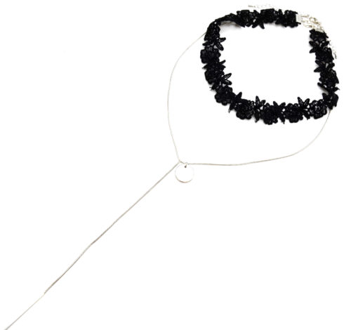 Collier-Choker-Ras-du-Cou-Bande-Fleurs-Dentelle-Noir-avec-Chaine-Cercle-et-Barre-Metal-Argente