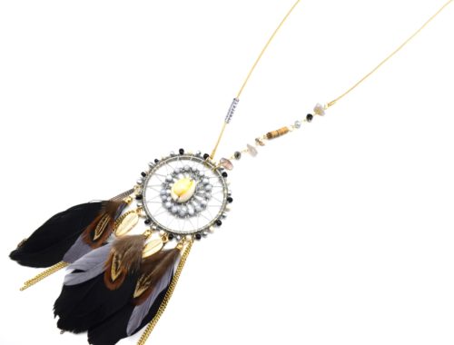 Sautoir-Collier-Pendentif-Attrape-Reves-Perles-et-Plumes-Ethnique-Noir-Gris