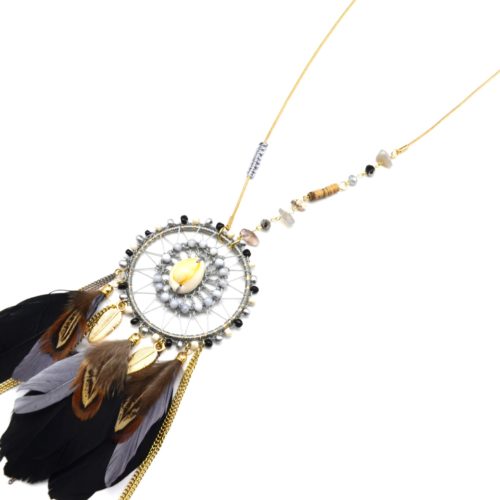 Sautoir-Collier-Pendentif-Attrape-Reves-Perles-et-Plumes-Ethnique-Noir-Gris