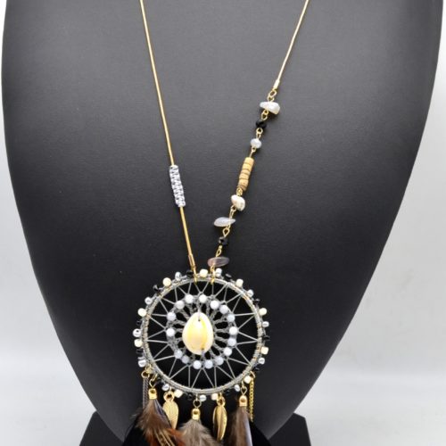 Sautoir-Collier-Pendentif-Attrape-Reves-Perles-et-Plumes-Ethnique-Noir-Gris