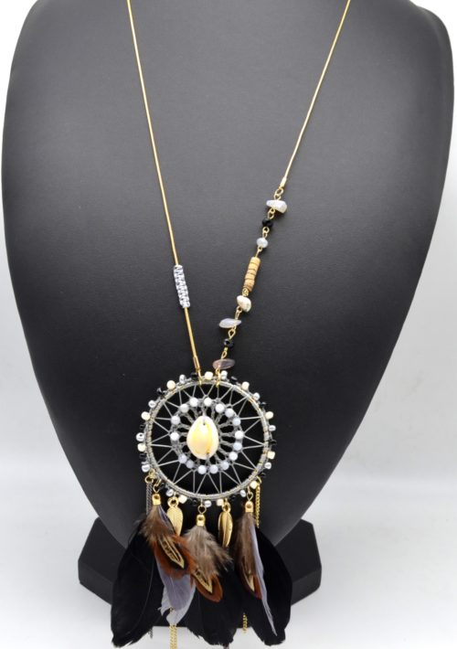 Sautoir-Collier-Pendentif-Attrape-Reves-Perles-et-Plumes-Ethnique-Noir-Gris