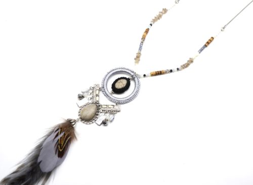 Sautoir-Collier-Perles-Pendentif-Cercle-Pierres-Effet-Marbre-Gris-et-Plumes