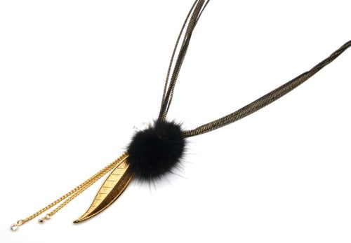 Sautoir-Collier-Multi-Chaines-avec-Pendentifs-Feuille-Metal-Dore-et-Pompon-Noir