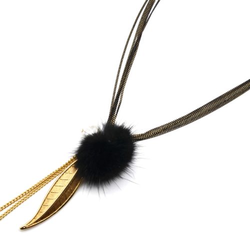 Sautoir-Collier-Multi-Chaines-avec-Pendentifs-Feuille-Metal-Dore-et-Pompon-Noir