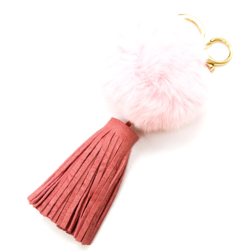 Porte-Cles-Bijou-de-Sac-Pompon-et-Franges-Simili-Cuir-Rose