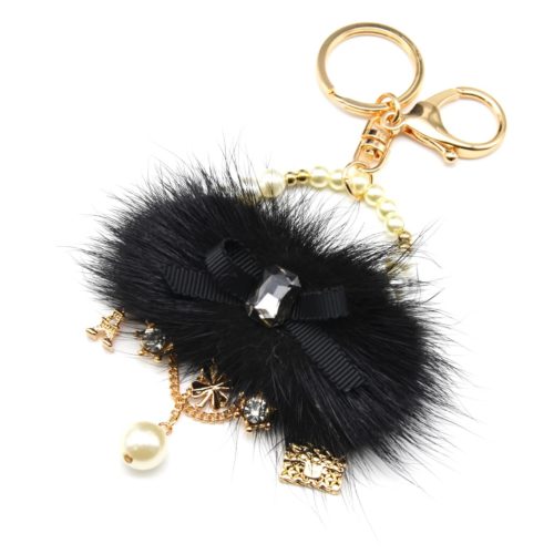 Porte-Cles-Bijou-de-Sac-Sac-a-Main-Pompon-Noir-avec-Noeud-Perles-et-Charms-Metal-Dore