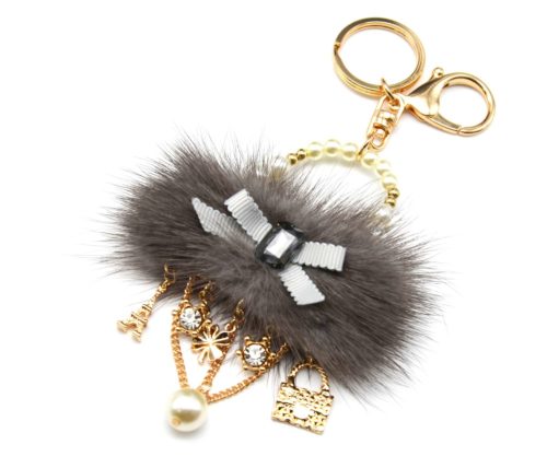 Porte-Cles-Bijou-de-Sac-Sac-a-Main-Pompon-Gris-avec-Noeud-Perles-et-Charms-Metal-Dore