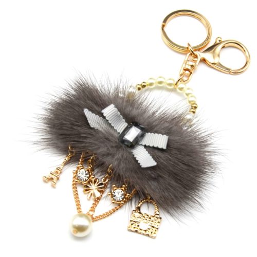 Porte-Cles-Bijou-de-Sac-Sac-a-Main-Pompon-Gris-avec-Noeud-Perles-et-Charms-Metal-Dore