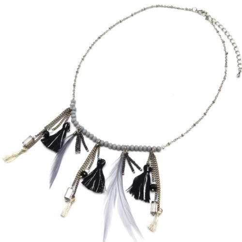 Collier-Plastron-Ethnique-Fine-Chaine-Metal-Perles-Plumes-et-Pompons-Noir-Gris