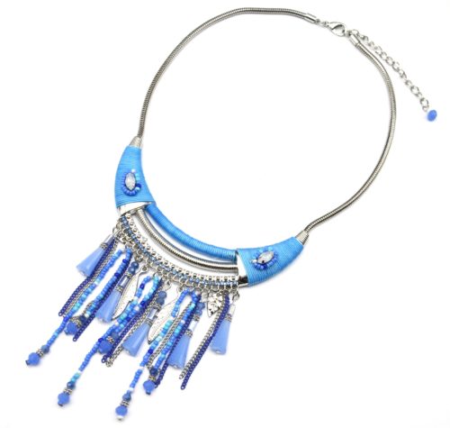CC1198E - Collier Plastron Demi Lune avec Chaînes Plumes et Perles Bleu