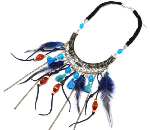 Collier-Cordon-Tresse-Pendentif-Plastron-XXL-Metal-Vieilli-avec-Pierres-Pompons-et-Plumes-Ethnique-Bleu