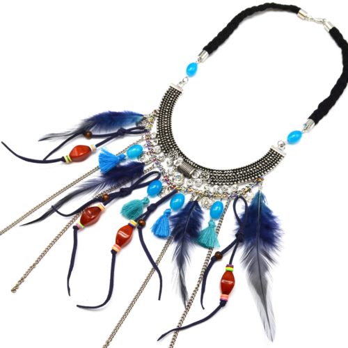 Collier-Cordon-Tresse-Pendentif-Plastron-XXL-Metal-Vieilli-avec-Pierres-Pompons-et-Plumes-Ethnique-Bleu