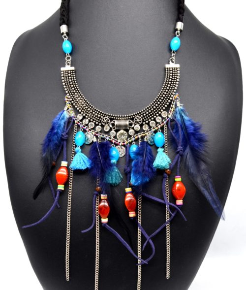 Collier-Cordon-Tresse-Pendentif-Plastron-XXL-Metal-Vieilli-avec-Pierres-Pompons-et-Plumes-Ethnique-Bleu