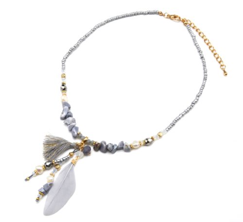 Collier-Perles-de-Rocaille-Pierres-avec-Pendentif-Pompon-et-Plume-Ethnique-Gris