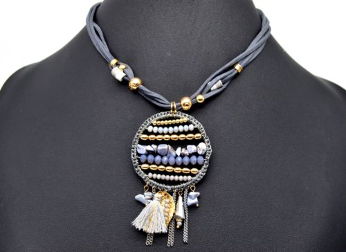 CC1239F - Collier Cordons Pendentif Cercle Macramé avec Pierres, Perles et Charms Gris – Image 2