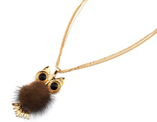 Sautoir-Collier-Pendentif-Chouette-Metal-Dore-avec-Pompon-Marron