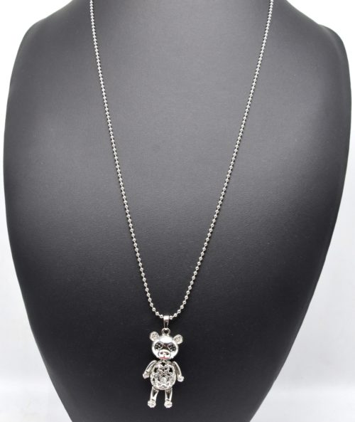 Sautoir-Collier-Pendentif-Panda-Metal-Cisele-avec-Cristaux-et-Strass-Argente