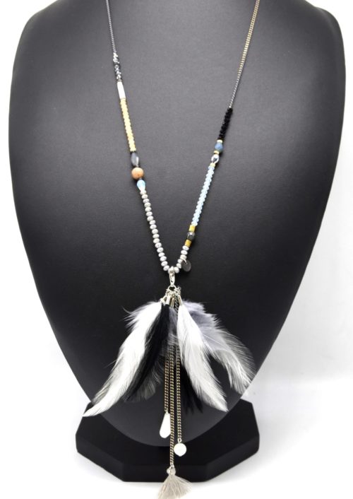 Sautoir-Collier-Perles-Brillantes-Pendentif-Plumes-Pompon-et-Pierres-Grises