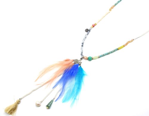 Sautoir-Collier-Perles-Brillantes-Pendentif-Plumes-Pompon-et-Pierres-Multicolore