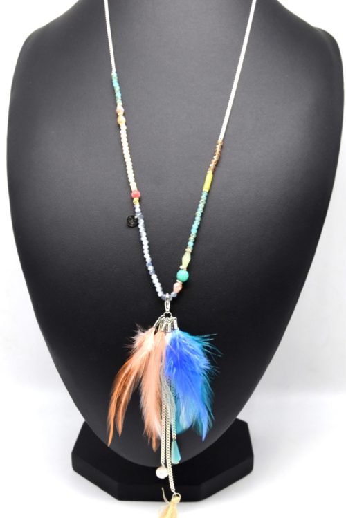 Sautoir-Collier-Perles-Brillantes-Pendentif-Plumes-Pompon-et-Pierres-Multicolore