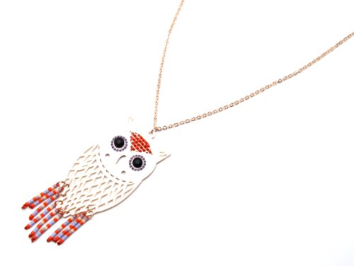 Sautoir-Collier-Fine-Chaine-Pendentif-Hibou-Ajoure-Acier-Or-Rose-et-Perles-Rocaille-Orange