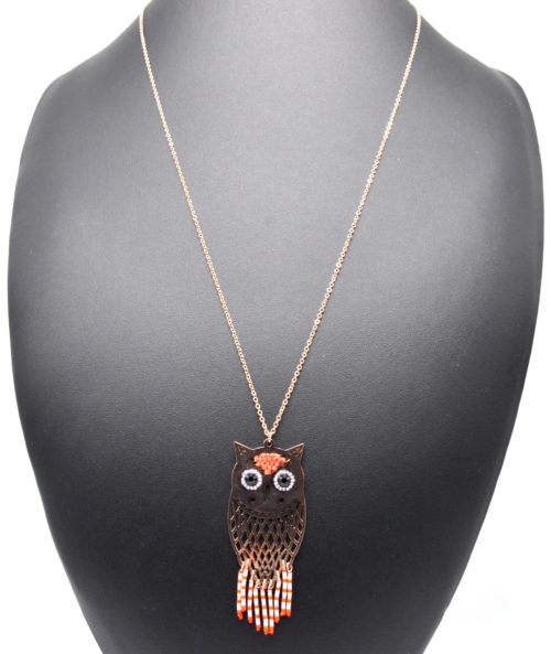 Sautoir-Collier-Fine-Chaine-Pendentif-Hibou-Ajoure-Acier-Or-Rose-et-Perles-Rocaille-Orange