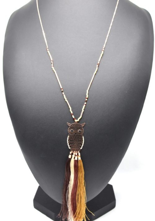 Sautoir-Collier-Fine-Chaine-Perles-avec-Hibou-Ajoure-Acier-Or-Rose-et-Franges-Marron