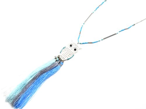 Sautoir-Collier-Fine-Chaine-Perles-avec-Hibou-Ajoure-Acier-Argente-et-Franges-Bleu