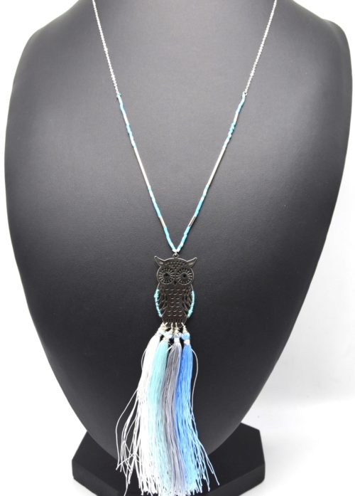 Sautoir-Collier-Fine-Chaine-Perles-avec-Hibou-Ajoure-Acier-Argente-et-Franges-Bleu