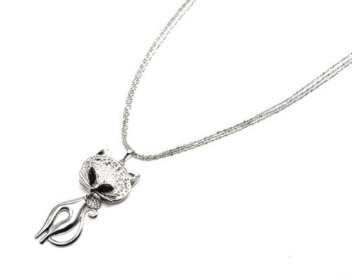 Sautoir-Collier-Pendentif-Chat-Cisele-Metal-Argente-avec-Coeur-Strass