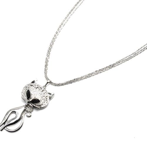 Sautoir-Collier-Pendentif-Chat-Cisele-Metal-Argente-avec-Coeur-Strass