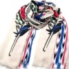 Foulard-Long-Printemps-Ete-Uni-Beige-Imprime-Motif-Plumes-Ethnique-Multicolore-et-Chevrons