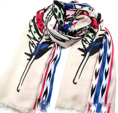 Foulard-Long-Printemps-Ete-Uni-Beige-Imprime-Motif-Plumes-Ethnique-Multicolore-et-Chevrons