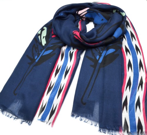 Foulard-Long-Printemps-Ete-Uni-Bleu-Marine-Imprime-Motif-Plumes-Ethnique-Multicolore-et-Chevrons