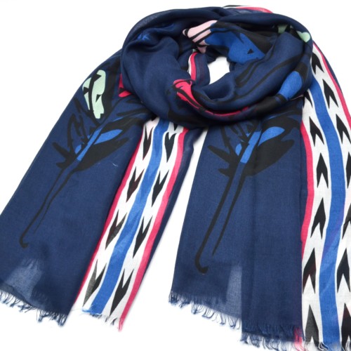 Foulard-Long-Printemps-Ete-Uni-Bleu-Marine-Imprime-Motif-Plumes-Ethnique-Multicolore-et-Chevrons