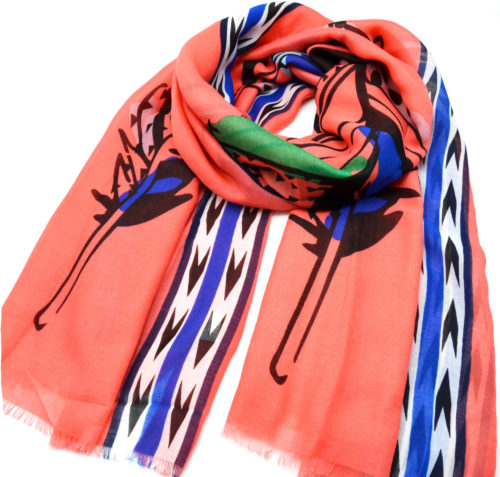 Foulard-Long-Printemps-Ete-Uni-Corail-Imprime-Motif-Plumes-Ethnique-Multicolore-et-Chevrons