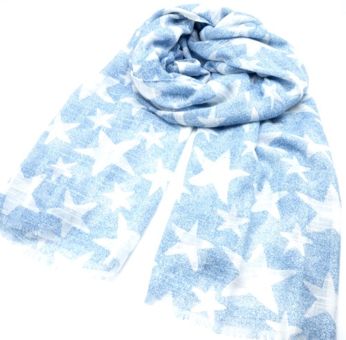 Foulard-Long-Printemps-Ete-Mouchete-Imprime-Motif-Etoiles-Bleu-Clair